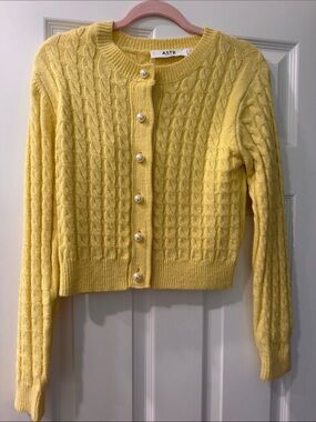 ASTR Lemon Yellow Cable Knit Pearl-Button Cardigan